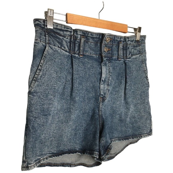 Express Midi Super High Rise Pleated Stonewash Y2K 90s Denim Shorts Mom Blue 12R - Picture 5 of 10